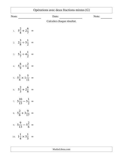 Opérations avec deux fractions mixtes avec dénominateurs différents, résultats sous fractions mixtes et simplification dans tous les problèmes (G)
