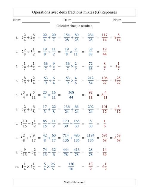 Opérations avec deux fractions mixtes avec dénominateurs différents, résultats sous fractions mixtes et simplification dans tous les problèmes (G) page 2