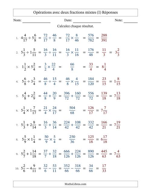 Opérations avec deux fractions mixtes avec dénominateurs différents, résultats sous fractions mixtes et simplification dans tous les problèmes (I) page 2