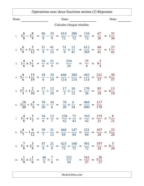 Opérations avec deux fractions mixtes avec dénominateurs différents, résultats sous fractions mixtes et simplification dans tous les problèmes (J) page 2
