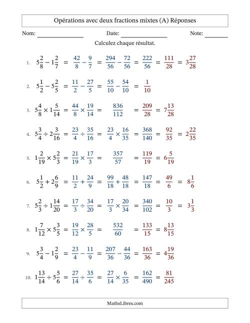 Opérations avec deux fractions mixtes avec dénominateurs différents, résultats sous fractions mixtes et quelque simplification (A) page 2