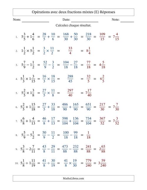 Opérations avec deux fractions mixtes avec dénominateurs différents, résultats sous fractions mixtes et quelque simplification (E) page 2
