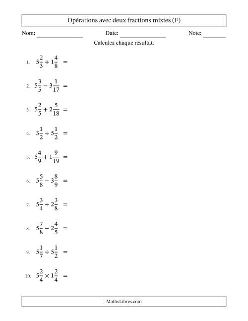 Opérations avec deux fractions mixtes avec dénominateurs différents, résultats sous fractions mixtes et quelque simplification (F)