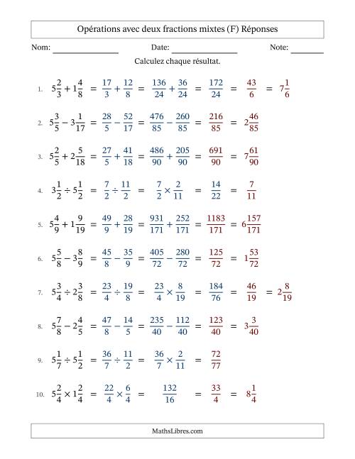 Opérations avec deux fractions mixtes avec dénominateurs différents, résultats sous fractions mixtes et quelque simplification (F) page 2