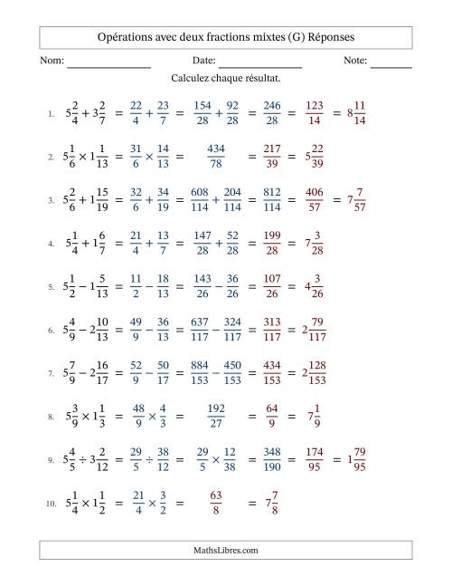 Opérations avec deux fractions mixtes avec dénominateurs différents, résultats sous fractions mixtes et quelque simplification (G) page 2