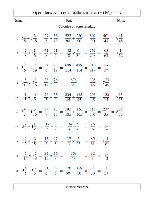 Opérations avec deux fractions mixtes avec dénominateurs différents, résultats sous fractions mixtes et quelque simplification (H) page 2