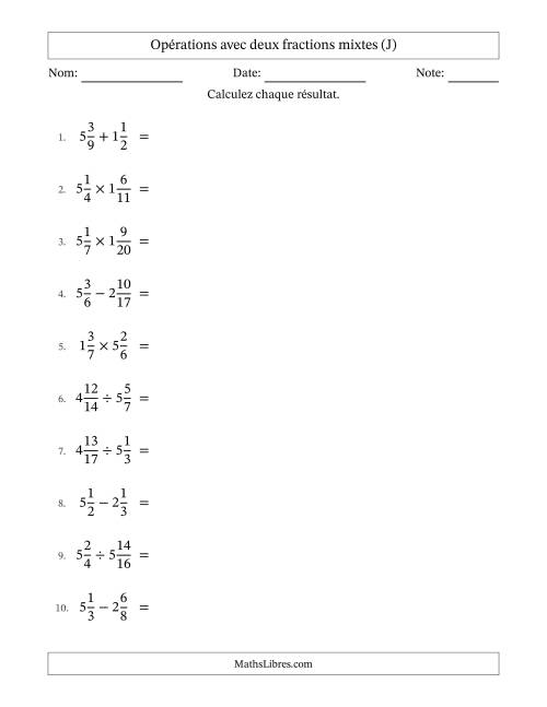Opérations avec deux fractions mixtes avec dénominateurs différents, résultats sous fractions mixtes et quelque simplification (J)