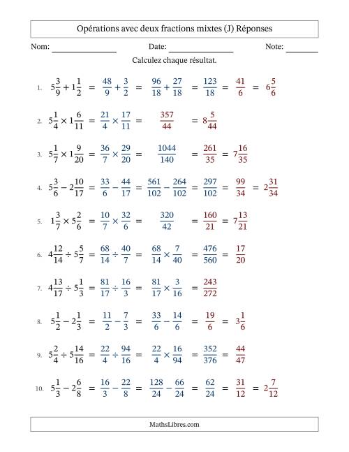 Opérations avec deux fractions mixtes avec dénominateurs différents, résultats sous fractions mixtes et quelque simplification (J) page 2