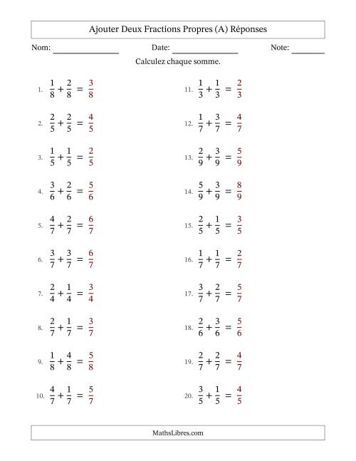 Ajouter deux fractions propres avec des dénominateurs égaux, résultats en fractions propres, et sans simplification (Remplissable) (A) page 2
