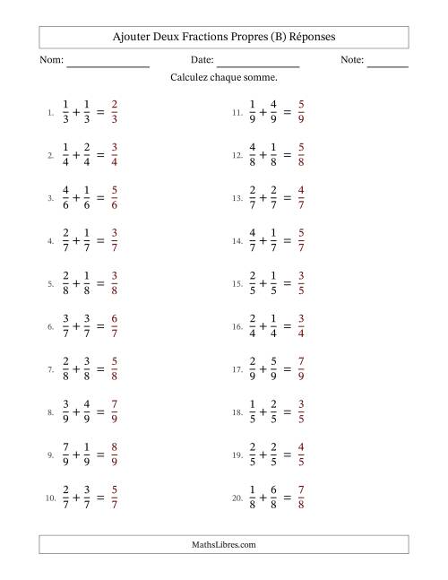 Ajouter deux fractions propres avec des dénominateurs égaux, résultats en fractions propres, et sans simplification (Remplissable) (B) page 2