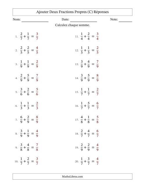 Ajouter deux fractions propres avec des dénominateurs égaux, résultats en fractions propres, et sans simplification (Remplissable) (C) page 2