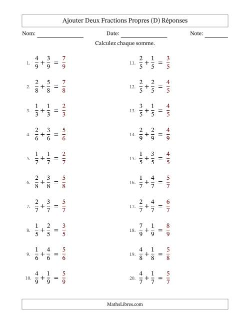 Ajouter deux fractions propres avec des dénominateurs égaux, résultats en fractions propres, et sans simplification (Remplissable) (D) page 2
