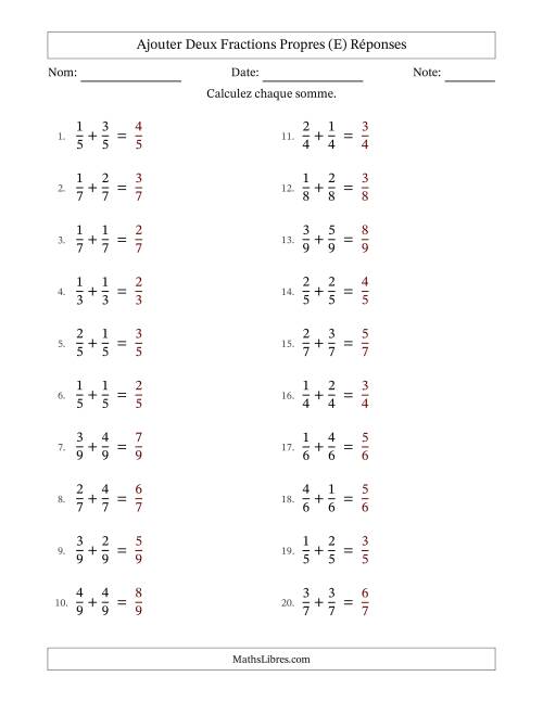 Ajouter deux fractions propres avec des dénominateurs égaux, résultats en fractions propres, et sans simplification (Remplissable) (E) page 2