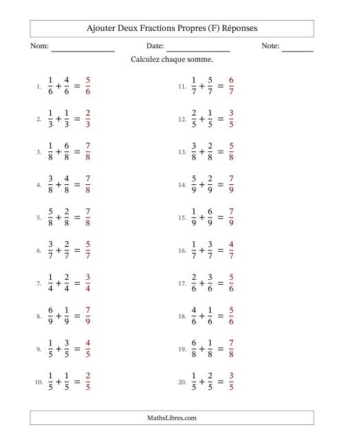 Ajouter deux fractions propres avec des dénominateurs égaux, résultats en fractions propres, et sans simplification (Remplissable) (F) page 2