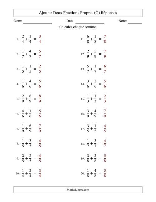 Ajouter deux fractions propres avec des dénominateurs égaux, résultats en fractions propres, et sans simplification (Remplissable) (G) page 2