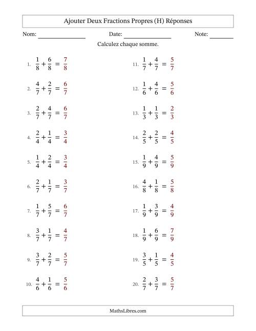 Ajouter deux fractions propres avec des dénominateurs égaux, résultats en fractions propres, et sans simplification (Remplissable) (H) page 2