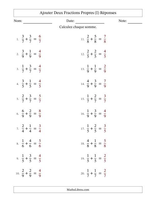 Ajouter deux fractions propres avec des dénominateurs égaux, résultats en fractions propres, et sans simplification (Remplissable) (I) page 2