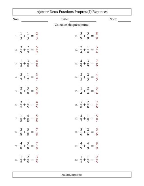 Ajouter deux fractions propres avec des dénominateurs égaux, résultats en fractions propres, et sans simplification (Remplissable) (J) page 2