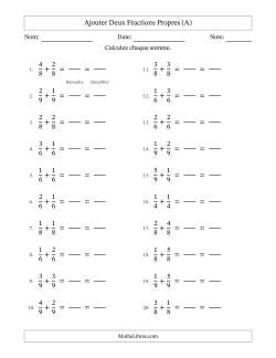 Ajouter deux fractions propres avec des dénominateurs égaux, résultats en fractions propres, et avec simplification dans tous les problèmes (Remplissable)