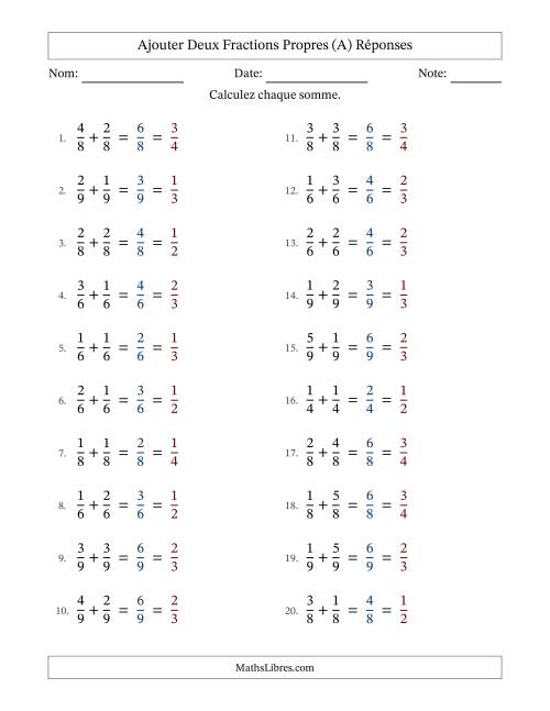 Ajouter deux fractions propres avec des dénominateurs égaux, résultats en fractions propres, et avec simplification dans tous les problèmes (Remplissable) (A) page 2