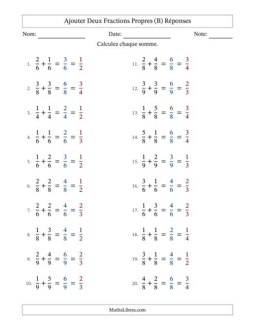 Ajouter deux fractions propres avec des dénominateurs égaux, résultats en fractions propres, et avec simplification dans tous les problèmes (Remplissable) (B) page 2