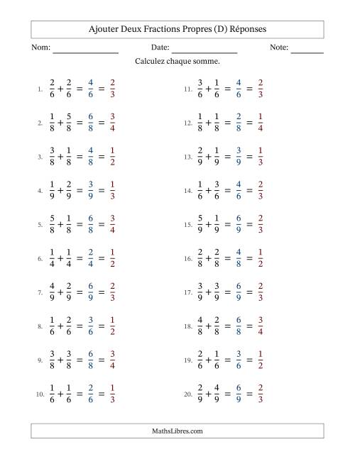 Ajouter deux fractions propres avec des dénominateurs égaux, résultats en fractions propres, et avec simplification dans tous les problèmes (Remplissable) (D) page 2