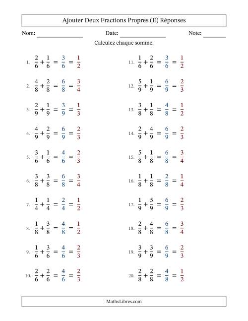Ajouter deux fractions propres avec des dénominateurs égaux, résultats en fractions propres, et avec simplification dans tous les problèmes (Remplissable) (E) page 2
