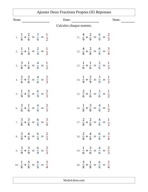 Ajouter deux fractions propres avec des dénominateurs égaux, résultats en fractions propres, et avec simplification dans tous les problèmes (Remplissable) (H) page 2