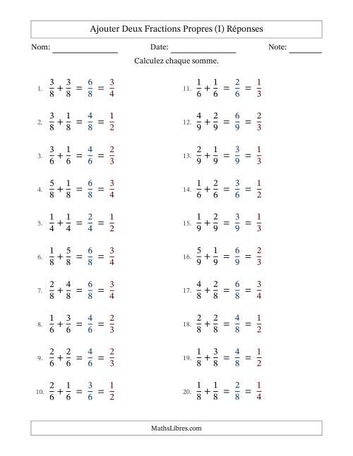 Ajouter deux fractions propres avec des dénominateurs égaux, résultats en fractions propres, et avec simplification dans tous les problèmes (Remplissable) (I) page 2