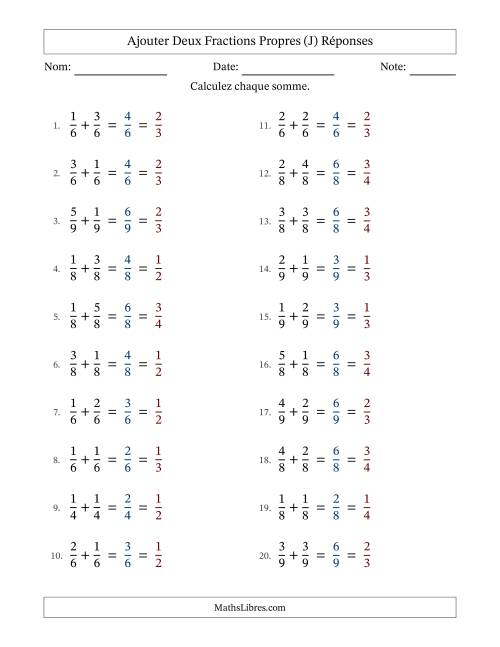 Ajouter deux fractions propres avec des dénominateurs égaux, résultats en fractions propres, et avec simplification dans tous les problèmes (Remplissable) (J) page 2
