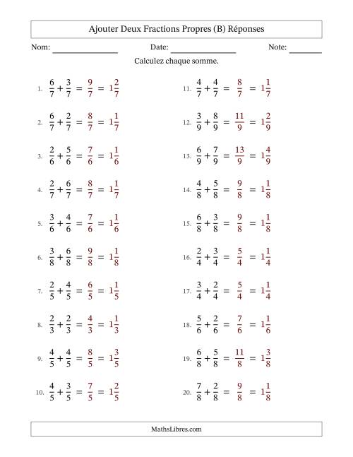 Ajouter deux fractions propres avec des dénominateurs égaux, résultats en fractions mixtes, et sans simplification (Remplissable) (B) page 2