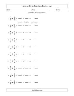 Ajouter deux fractions propres avec des dénominateurs égaux, résultats en fractions mixtes, et avec simplification dans tous les problèmes (Remplissable)