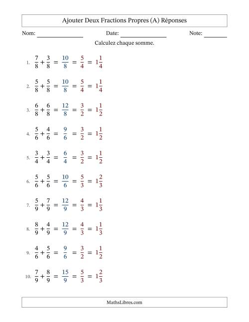 Ajouter deux fractions propres avec des dénominateurs égaux, résultats en fractions mixtes, et avec simplification dans tous les problèmes (Remplissable) (A) page 2