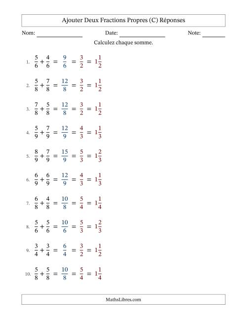 Ajouter deux fractions propres avec des dénominateurs égaux, résultats en fractions mixtes, et avec simplification dans tous les problèmes (Remplissable) (C) page 2