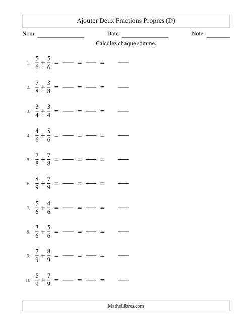 Ajouter deux fractions propres avec des dénominateurs égaux, résultats en fractions mixtes, et avec simplification dans tous les problèmes (Remplissable) (D)