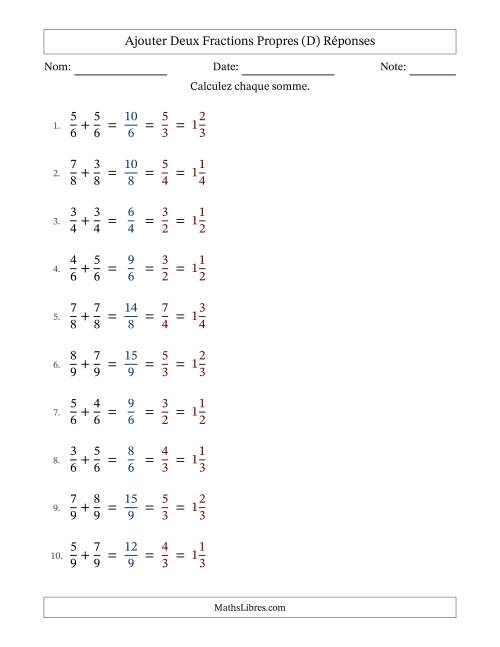 Ajouter deux fractions propres avec des dénominateurs égaux, résultats en fractions mixtes, et avec simplification dans tous les problèmes (Remplissable) (D) page 2
