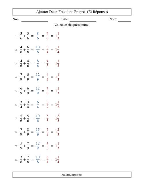 Ajouter deux fractions propres avec des dénominateurs égaux, résultats en fractions mixtes, et avec simplification dans tous les problèmes (Remplissable) (E) page 2