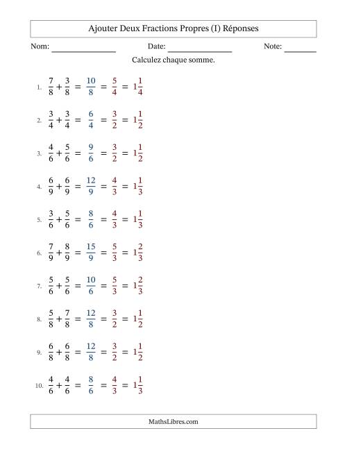 Ajouter deux fractions propres avec des dénominateurs égaux, résultats en fractions mixtes, et avec simplification dans tous les problèmes (Remplissable) (I) page 2