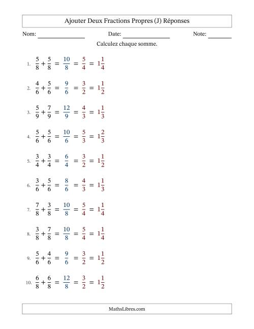 Ajouter deux fractions propres avec des dénominateurs égaux, résultats en fractions mixtes, et avec simplification dans tous les problèmes (Remplissable) (J) page 2