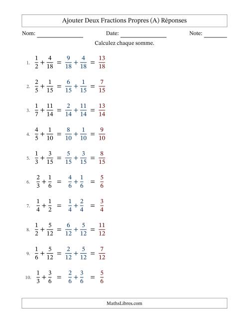 Ajouter deux fractions propres avec des dénominateurs similaires, résultats en fractions propres, et sans simplification (Remplissable) (A) page 2