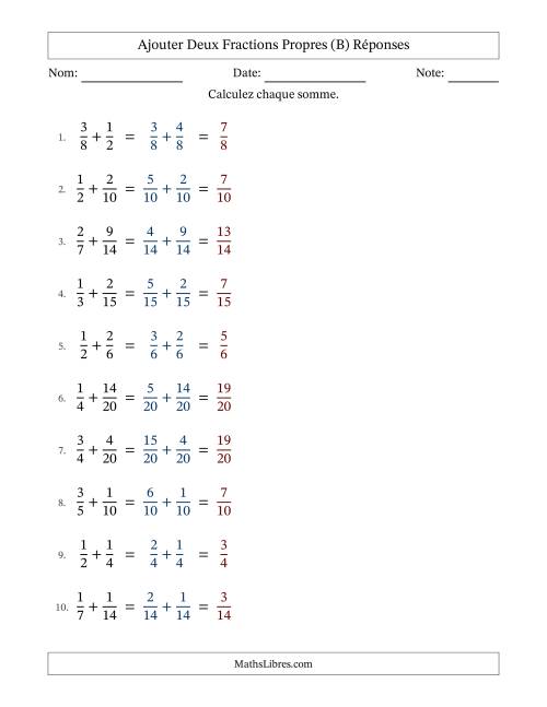 Ajouter deux fractions propres avec des dénominateurs similaires, résultats en fractions propres, et sans simplification (Remplissable) (B) page 2