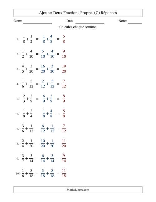 Ajouter deux fractions propres avec des dénominateurs similaires, résultats en fractions propres, et sans simplification (Remplissable) (C) page 2