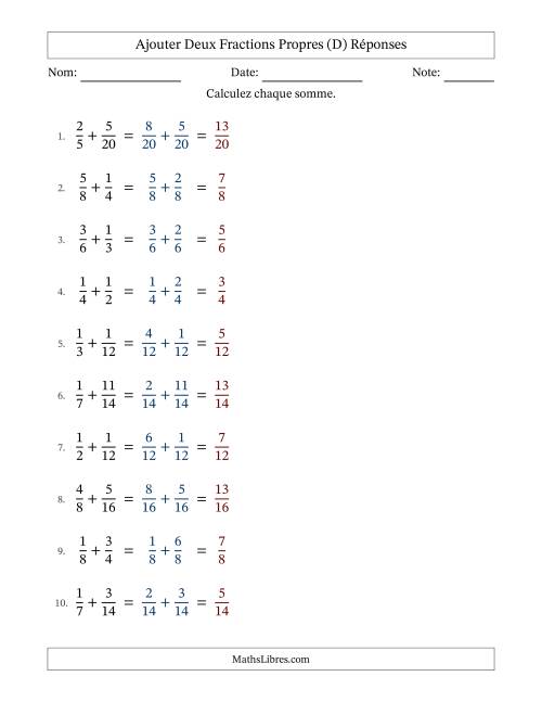 Ajouter deux fractions propres avec des dénominateurs similaires, résultats en fractions propres, et sans simplification (Remplissable) (D) page 2