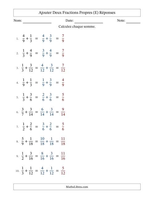 Ajouter deux fractions propres avec des dénominateurs similaires, résultats en fractions propres, et sans simplification (Remplissable) (E) page 2