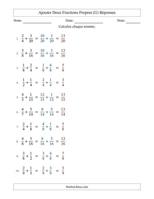 Ajouter deux fractions propres avec des dénominateurs similaires, résultats en fractions propres, et sans simplification (Remplissable) (G) page 2