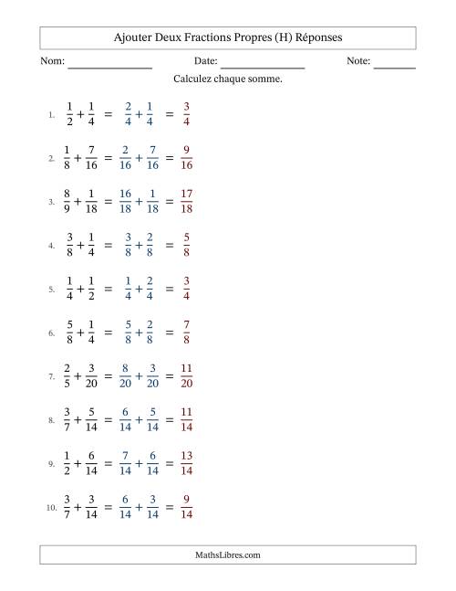 Ajouter deux fractions propres avec des dénominateurs similaires, résultats en fractions propres, et sans simplification (Remplissable) (H) page 2