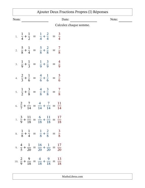 Ajouter deux fractions propres avec des dénominateurs similaires, résultats en fractions propres, et sans simplification (Remplissable) (I) page 2