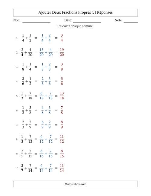 Ajouter deux fractions propres avec des dénominateurs similaires, résultats en fractions propres, et sans simplification (Remplissable) (J) page 2