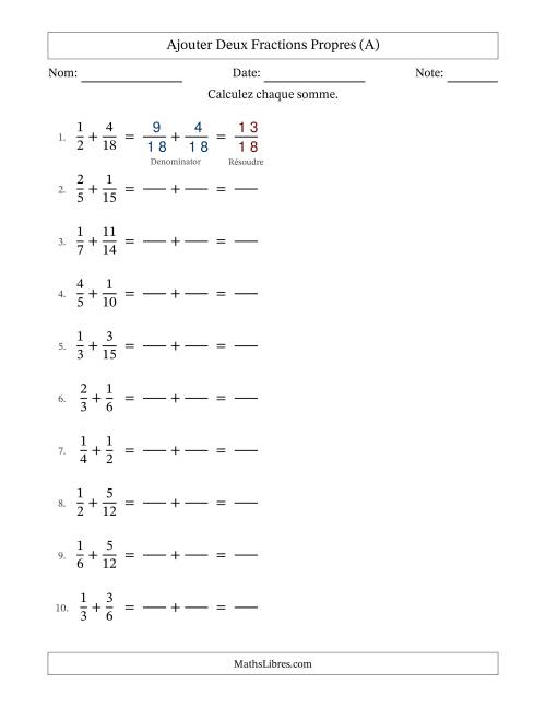 Ajouter deux fractions propres avec des dénominateurs similaires, résultats en fractions propres, et sans simplification (Remplissable) (Tout)