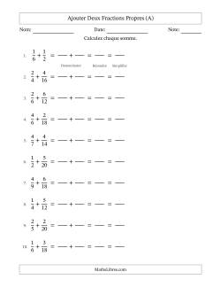 Ajouter deux fractions propres avec des dénominateurs similaires, résultats en fractions propres, et avec simplification dans tous les problèmes (Remplissable)